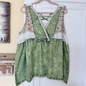 POL Green Boho Crochet-Trim Tank Top